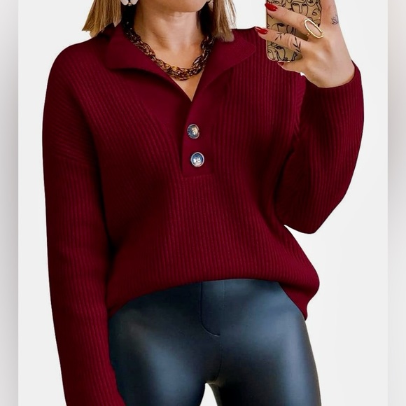 Sweater, notch collar, button trim, Oversize, Shaker knit, Wine XL - Picture 3 of 9